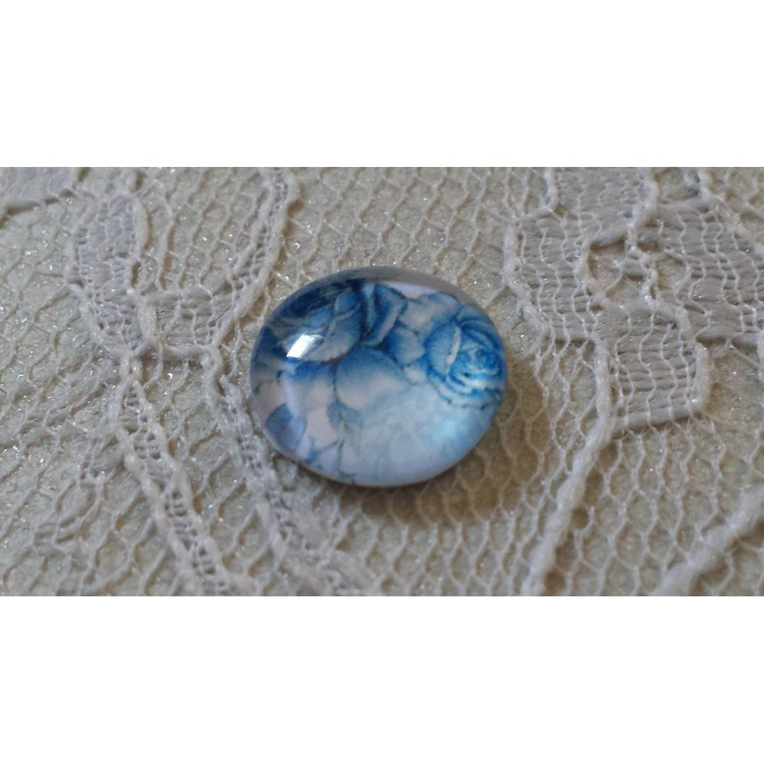 glas cabochon rund 12mm blå blomma 010 