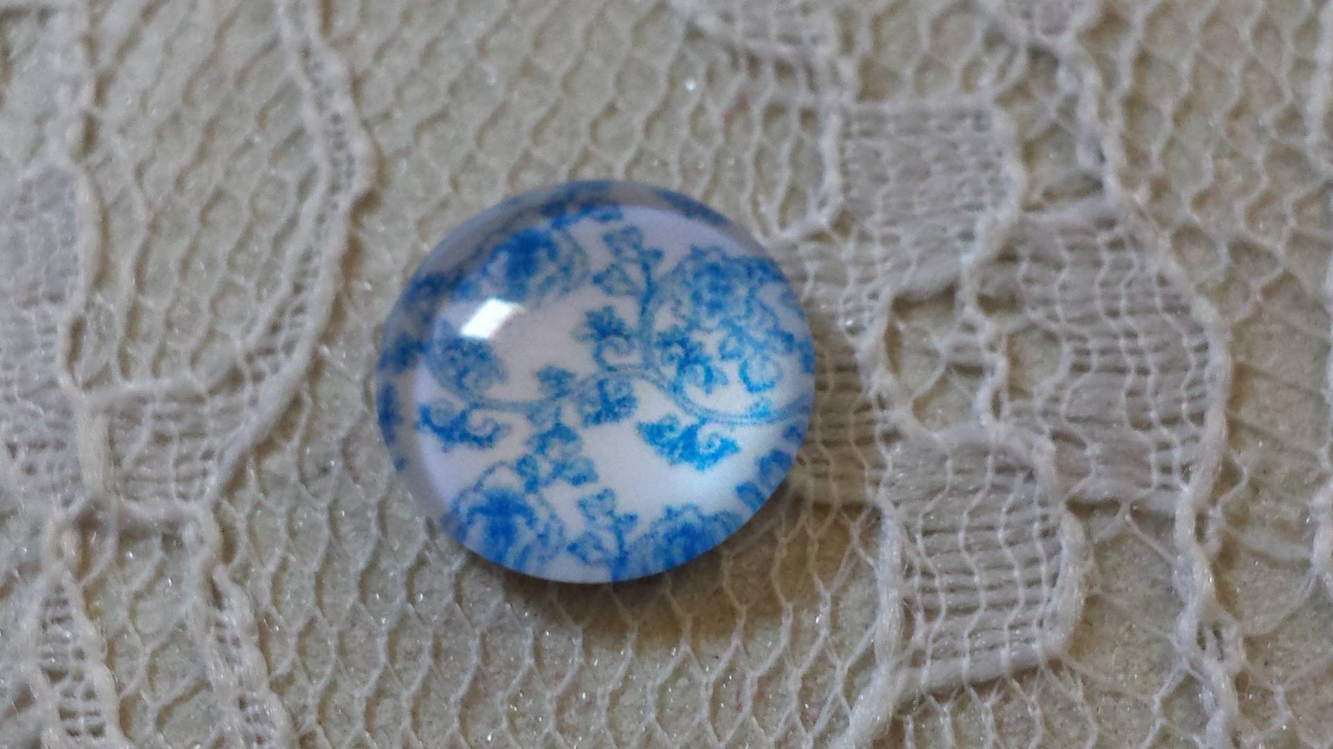 glas cabochon rund 12mm blå blomma 006 