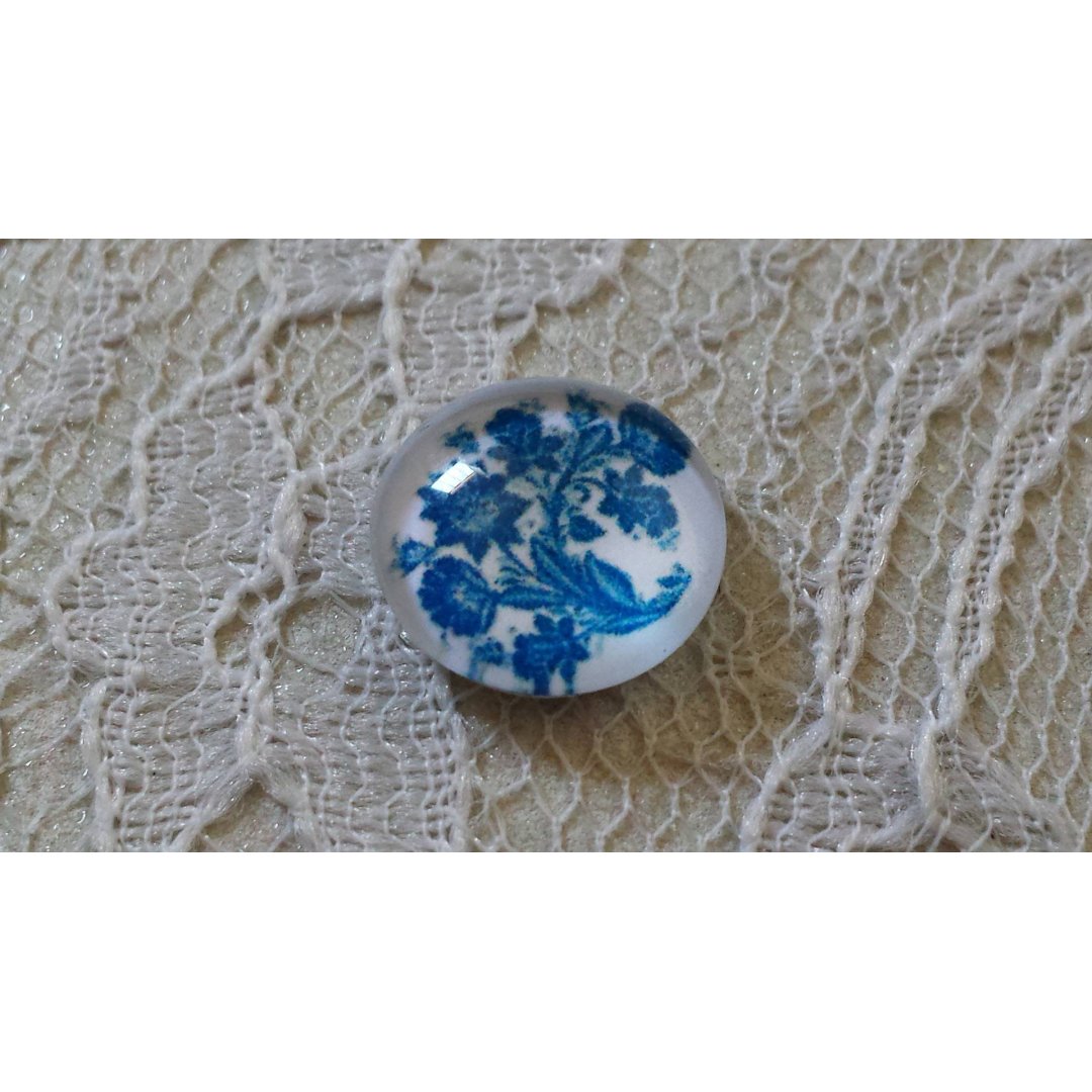 glas cabochon rund 12mm blå blomma 004 