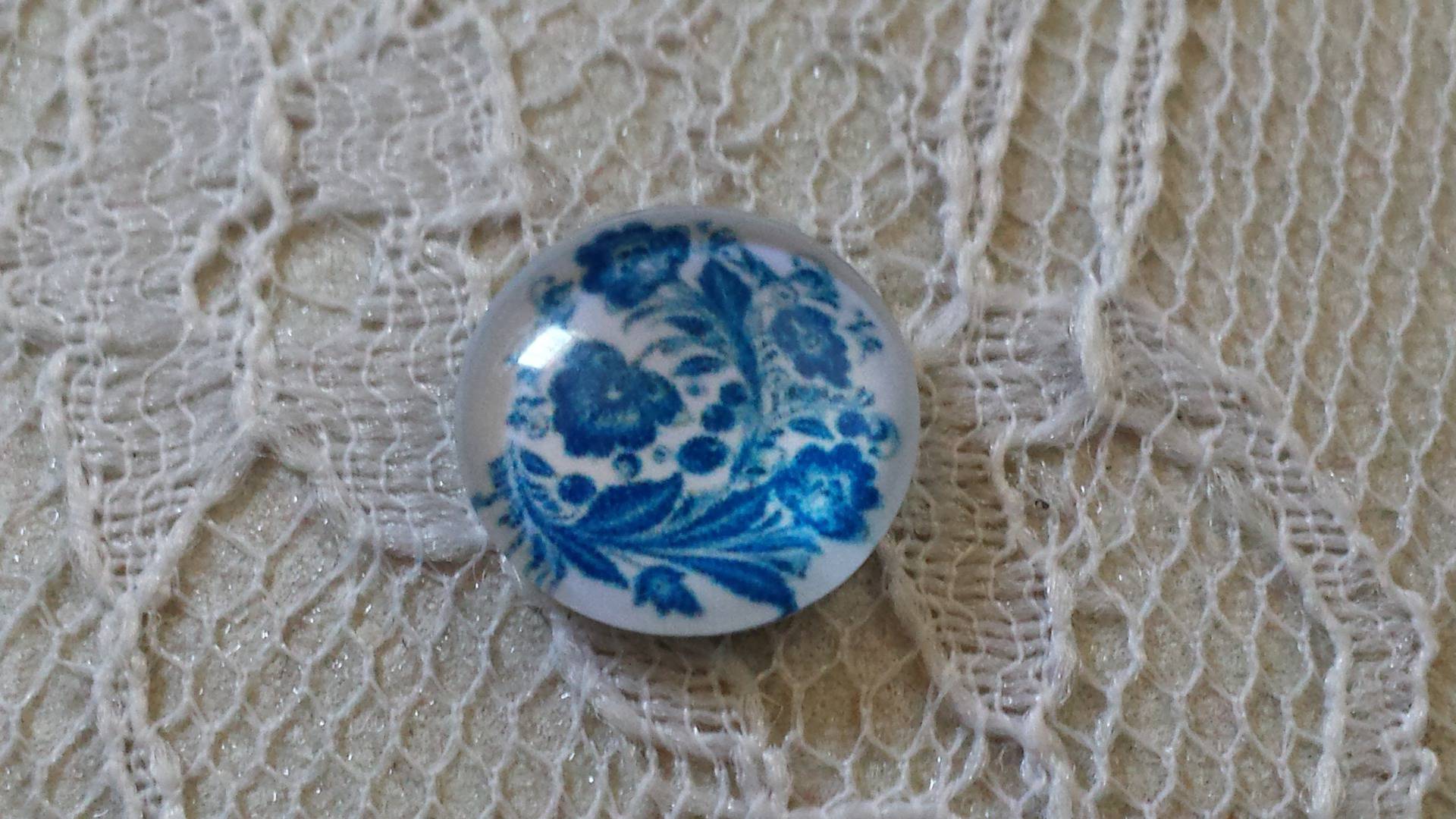 glas cabochon runda 12mm blå blomma 003 