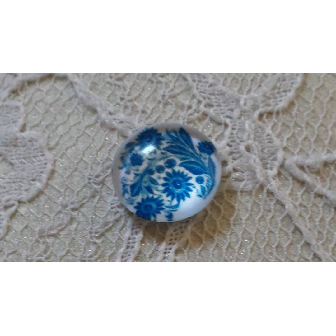 glas cabochon rund 12mm blå blomma 001 