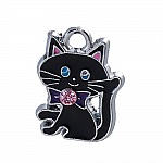 Pack av 5 Zinklegering Cat Charm N°07 Silver Strass Email 19 mm x 14 mm