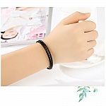Bracelet Double Cuir Tressé Noir 34 cm Fermoir Clip Argent 925