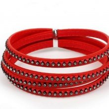 Läder 06 mm rött inläggningar med strass 1 meter