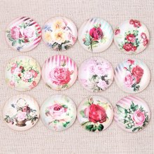 Lot med 20 runda glascabochoner 25 mm Rosa blomma