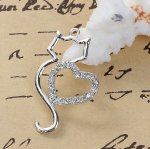Uppsättning av 3 Zinklegering Cat Charm N°06 Silver Heart Strass Clear 36 mm x 22 mm