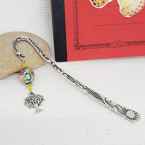 marque pages pendentif arbre de vie argent&eacute; &agrave; parsonnaliser avec perle artisanale jaune