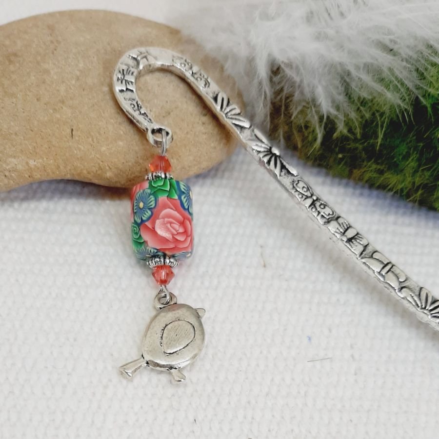 sidmarkerare pendenitf plump silver fågel och original pärlrör med sublim rosmönster