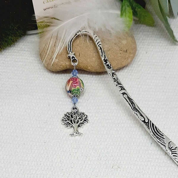 marque pages pendentif arbre de vie argent&eacute; &agrave; parsonnaliser avec perle artisanale jaune