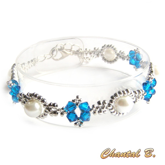 swarovski crystal armband blå pärla och silver vävda pärlor