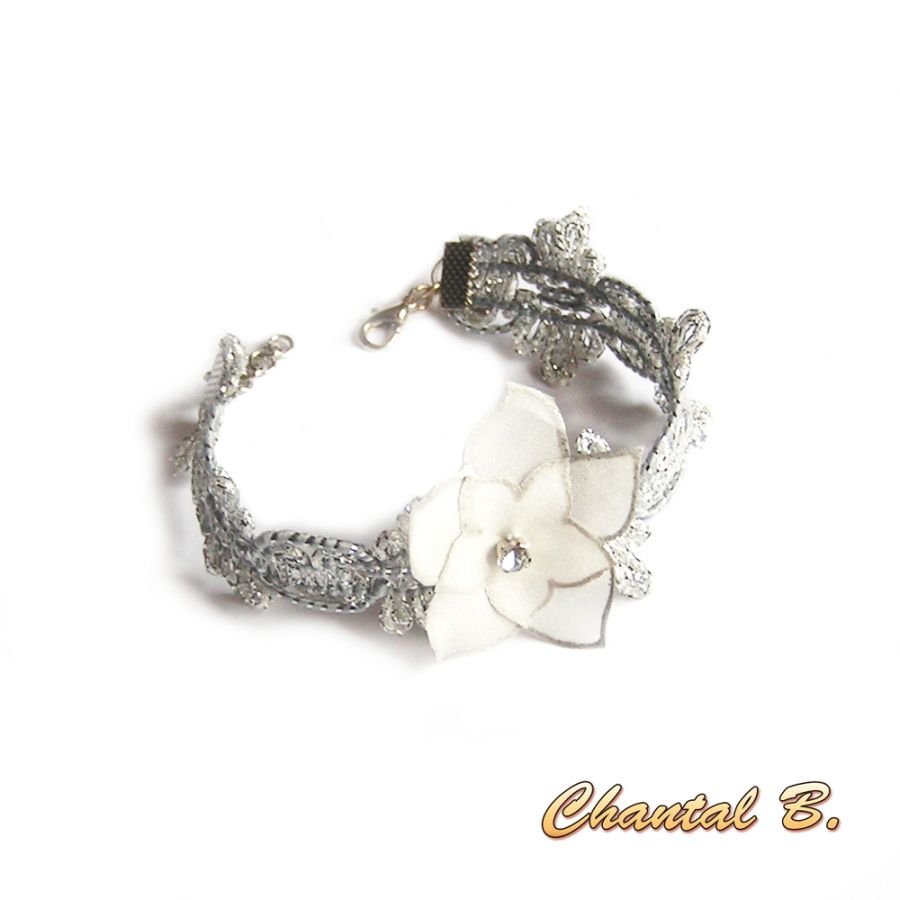 Silver guipure armband med vit sidenblomma, kan anpassas som hårband