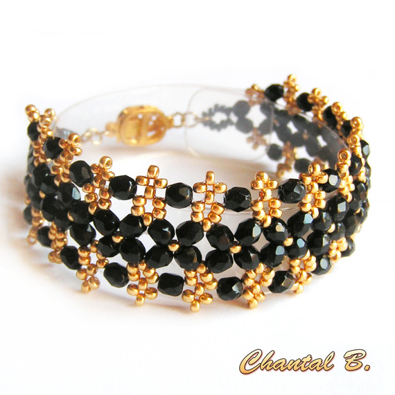 armband manschett vävda pärlor bohemiska svart och guld bröllop kväll