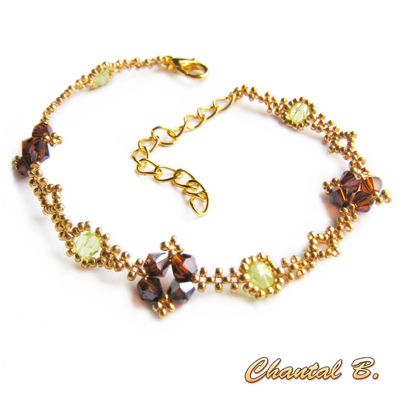 armband swarovski vävda pärlor brons boheme grönt och guld
