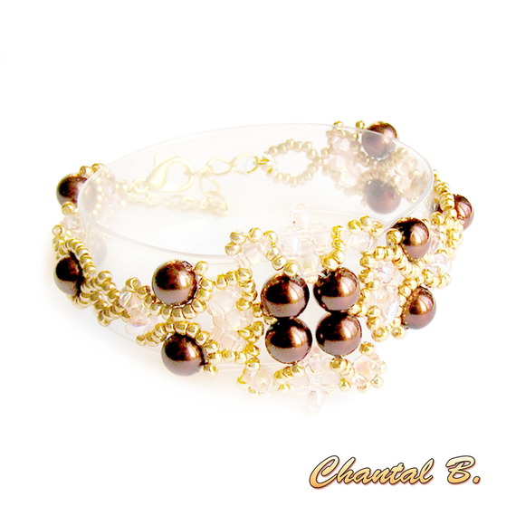 vävda armband med choklad pärla pärlor lax och guld transparent pärlor bröllop kväll