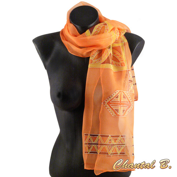handmålade orange siden chiffon halsduk kvällstillbehör