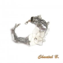 Silver guipure armband med vit sidenblomma, kan anpassas som hårband