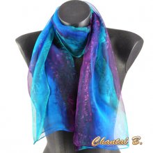 long foulard mousseline de soie &eacute;charpe peint main d&eacute;grad&eacute; turquoise violet emeraude