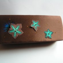 kvällsväska eller bröllop koppling väska choklad satin silke blommor turkos guld rhinestones