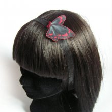 svart spetshuvudband med organza blomma och fushia fj&auml;drar handgjort br&ouml;llopshuvudband