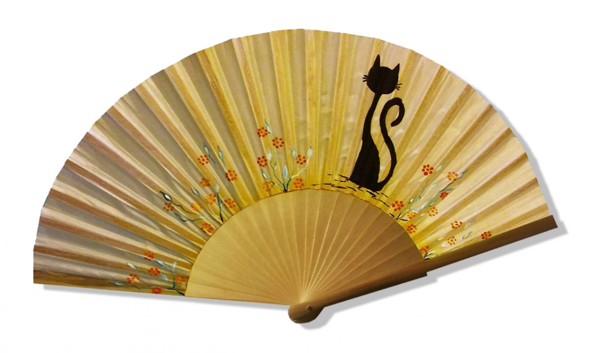 Handritad och målad satinfläkt "Chat sun