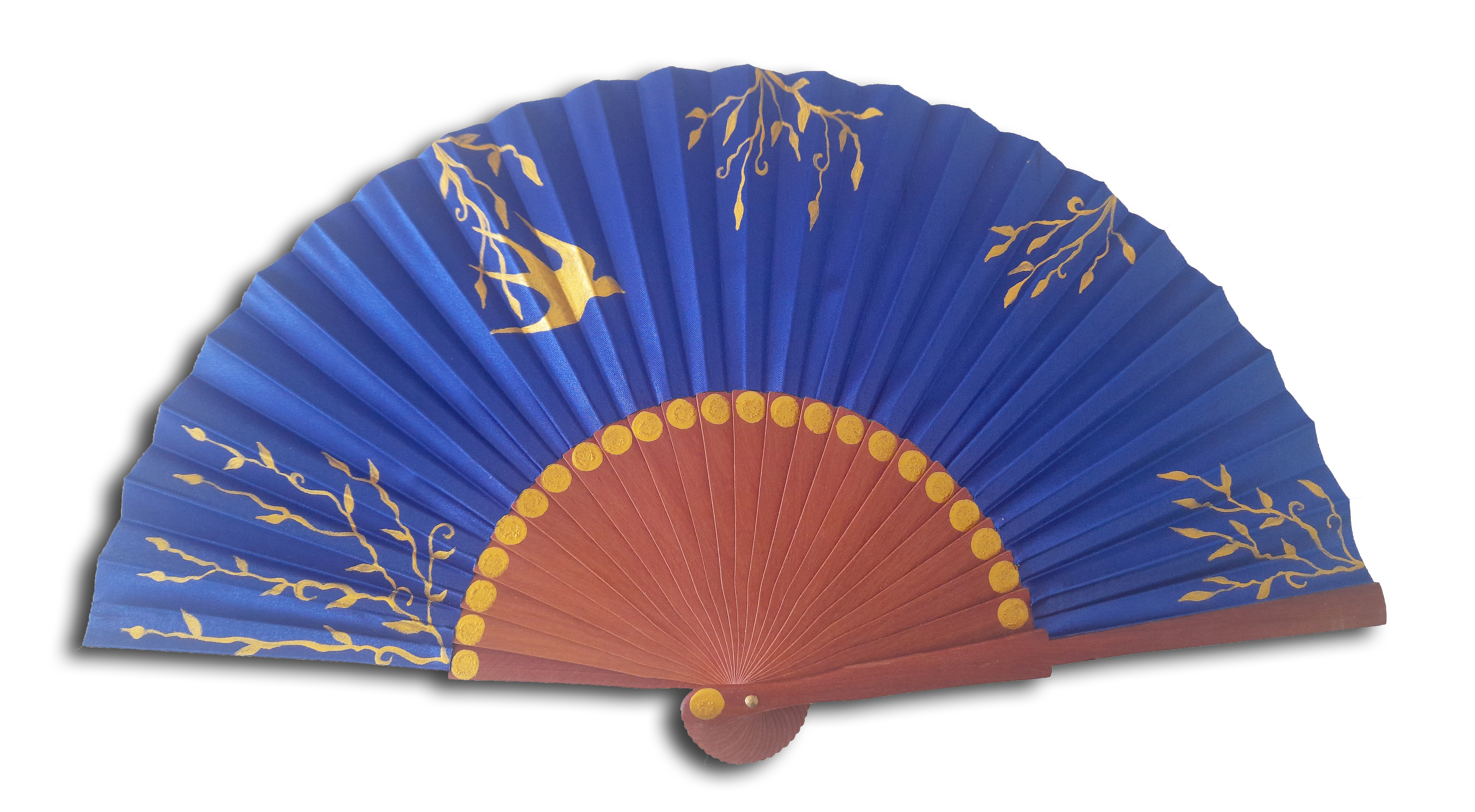Éventail en soie bleu peint à la main, motif doré.