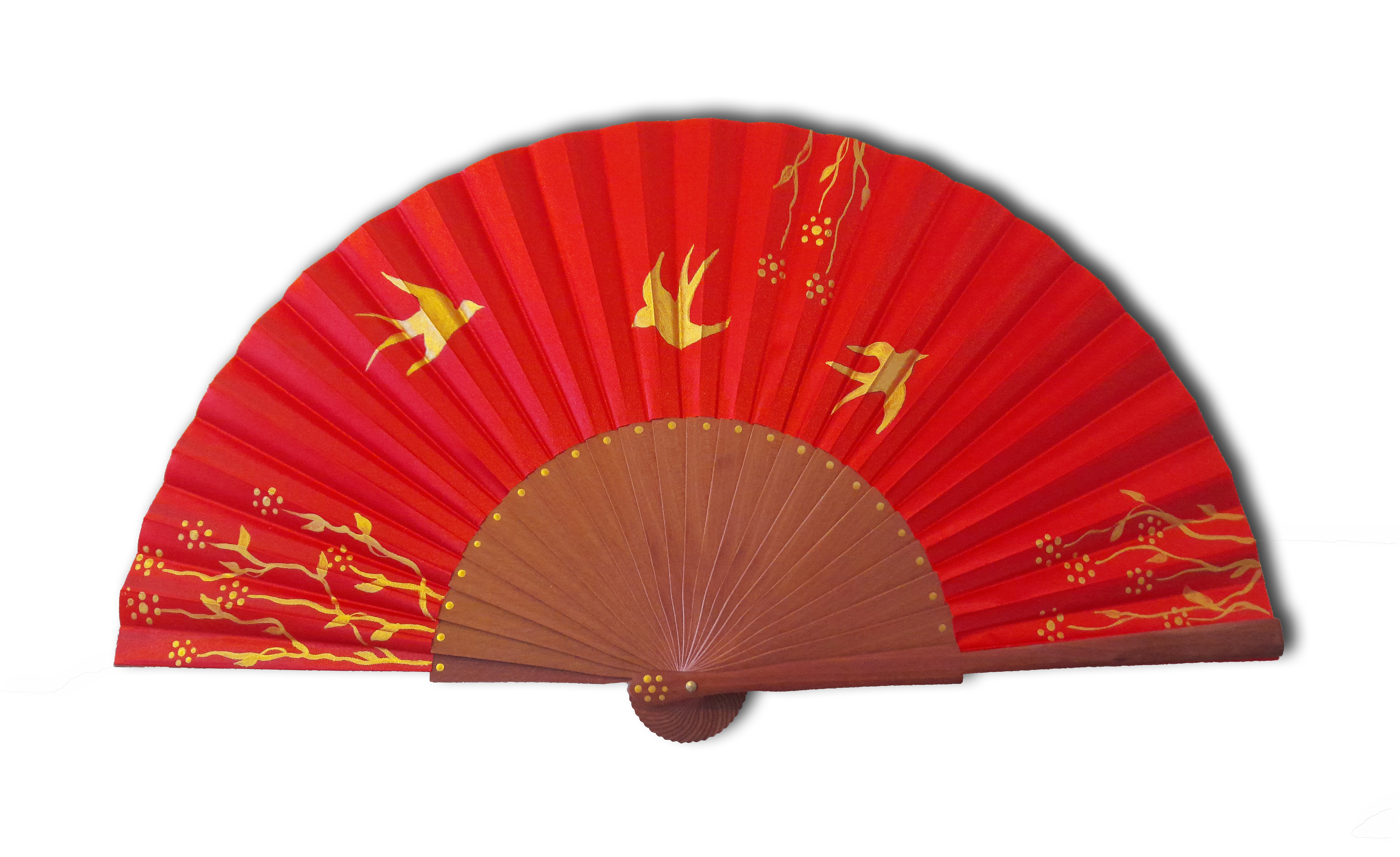 Éventail en soie rouge peint à la main, motif hirondelles.