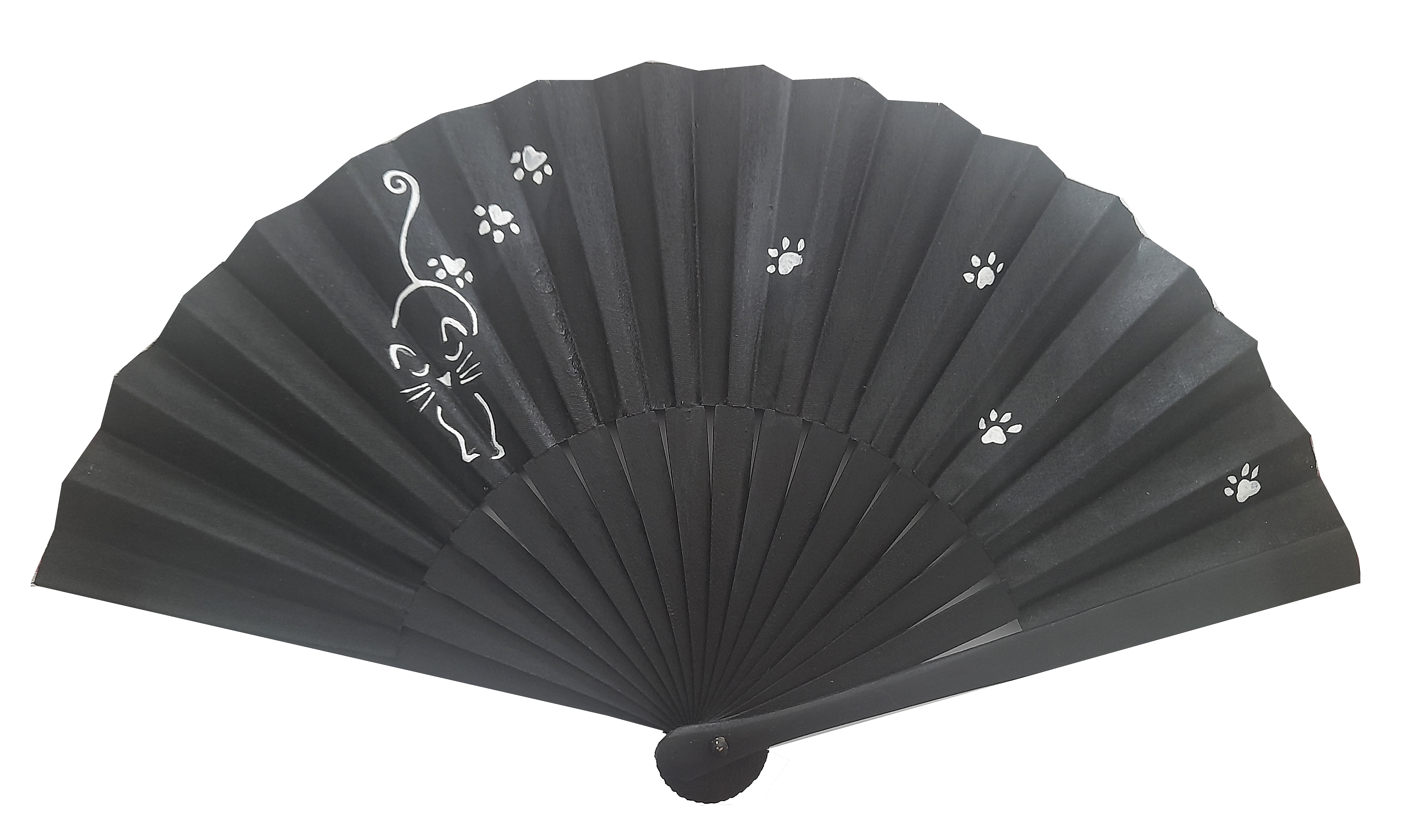 Éventail noir en coton peint à la main motif chat.