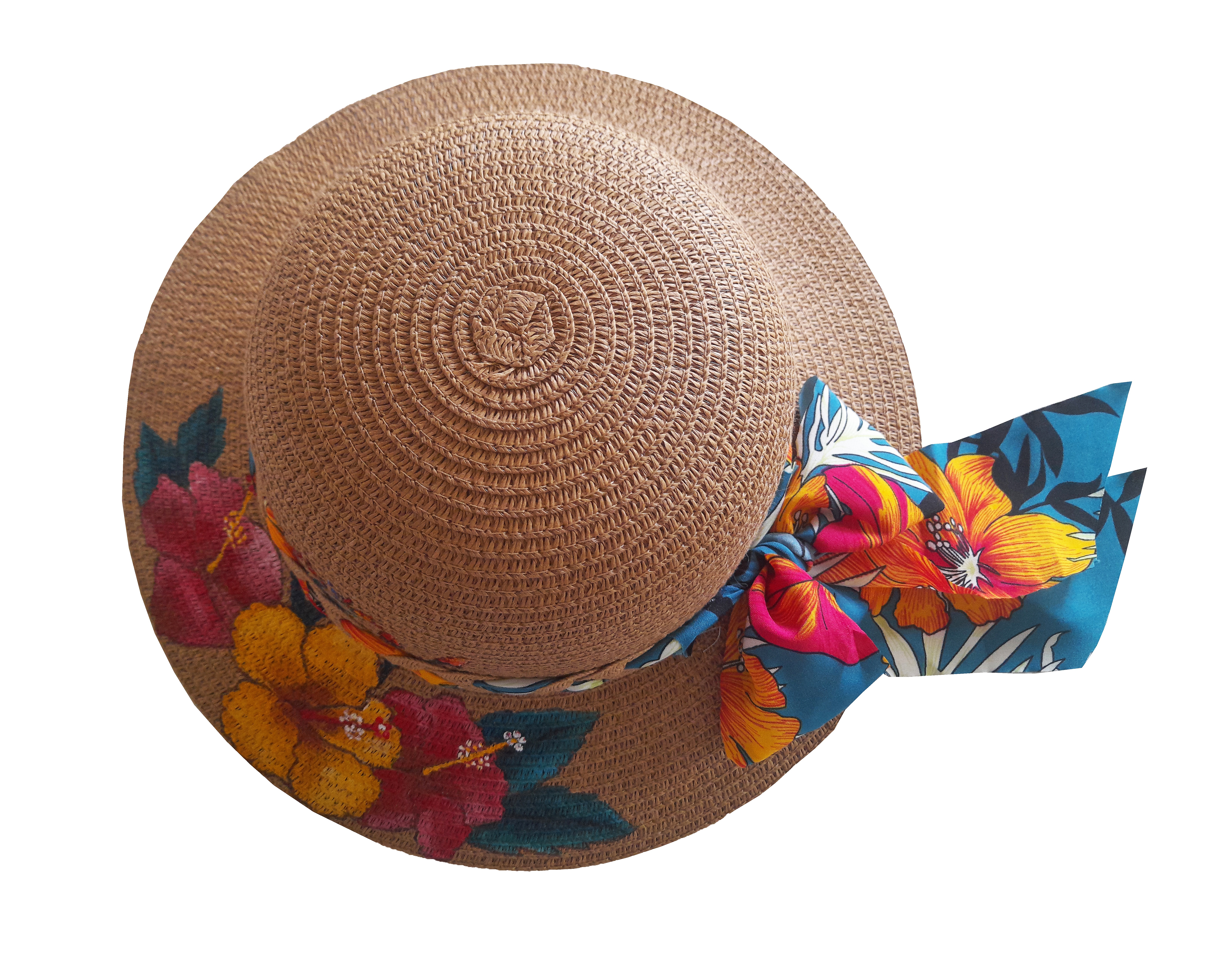 Chapeau de paille peint à la main avec fleurs tropicales.
