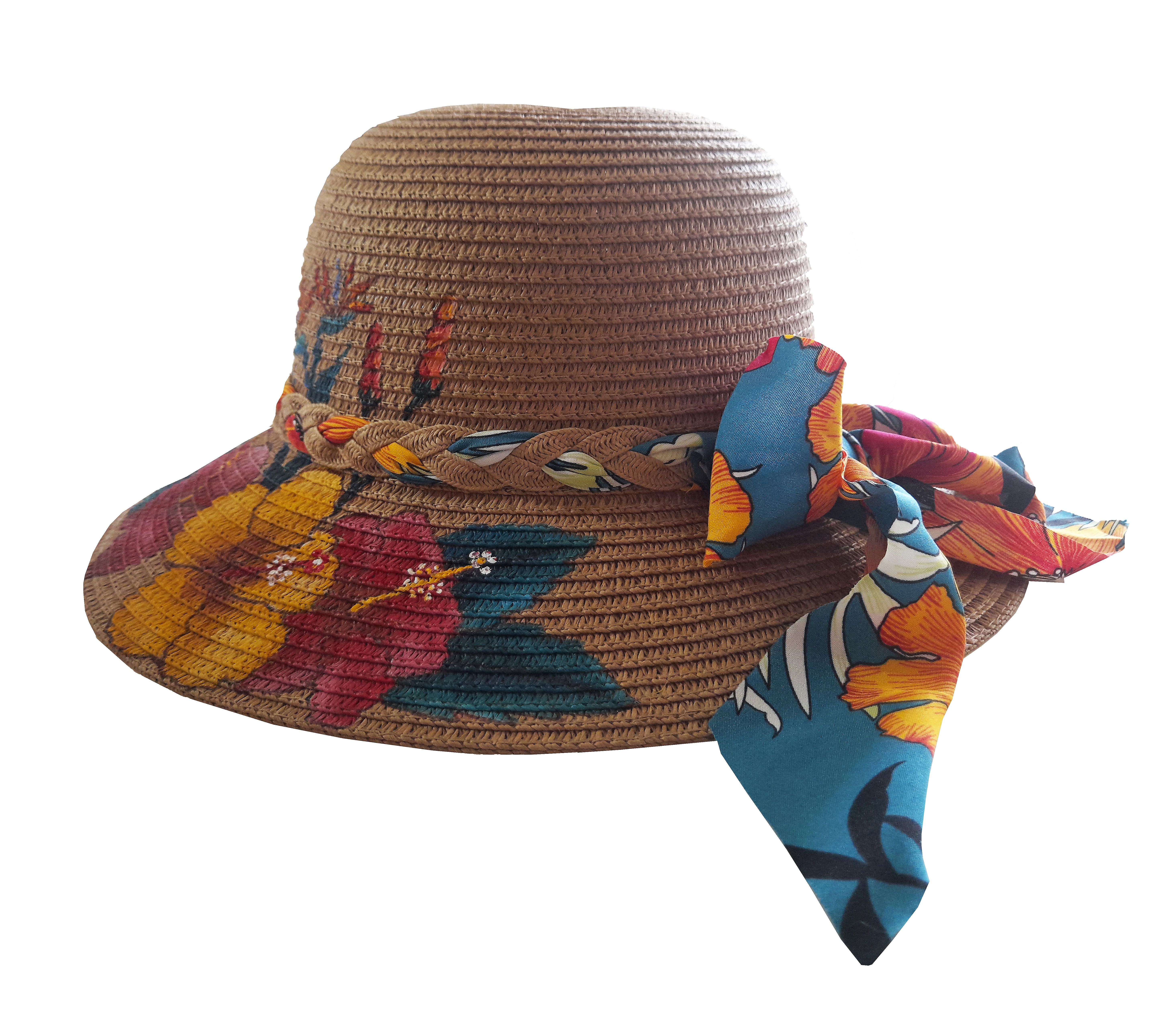 Chapeau en paille peint à la main avec ruban fleuri.
