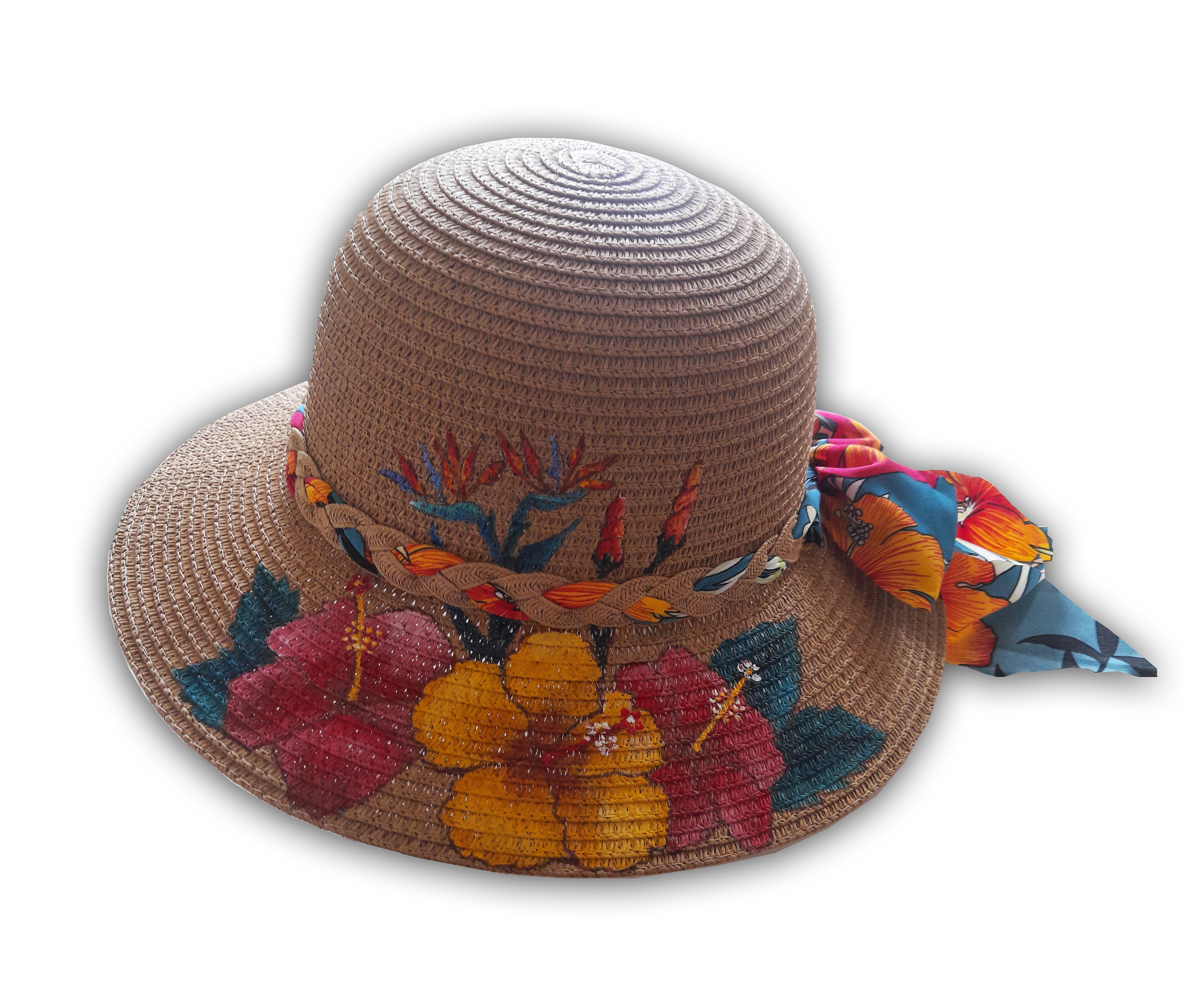 Chapeau de paille peint à la main avec motifs tropicaux.