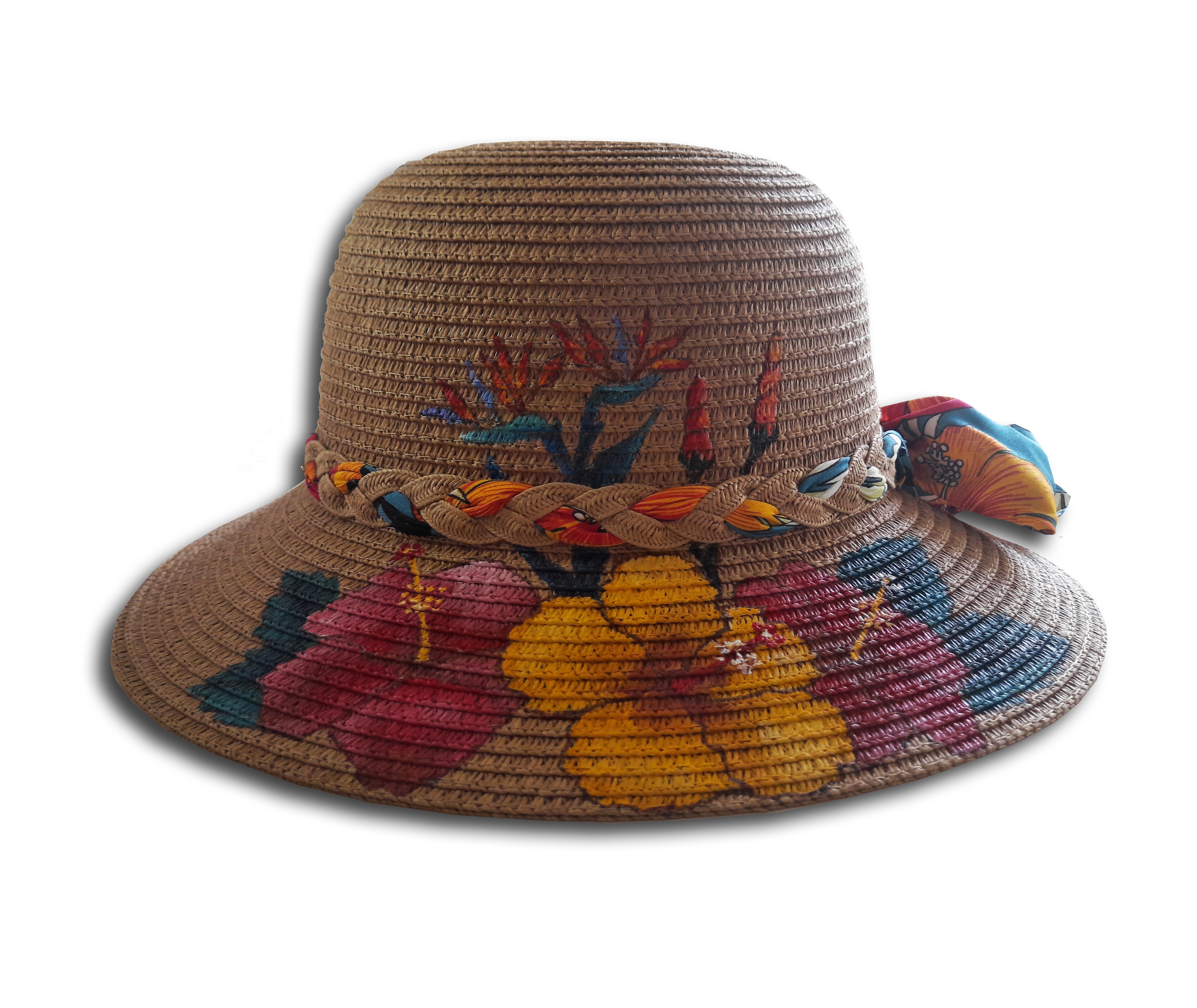 Chapeau de paille enduite peint à la main motifs fleurs.