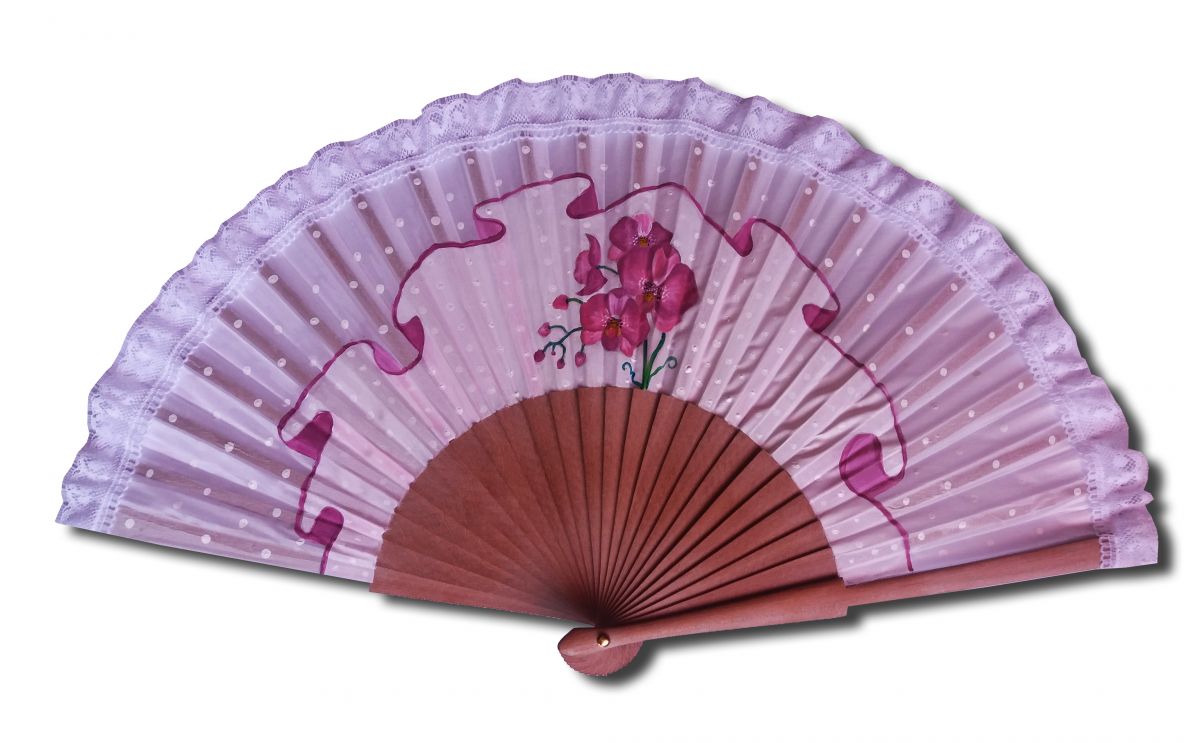 En fantastisk handritad och handmålad fläkt, anpassad med "L'orchidée"-spets.