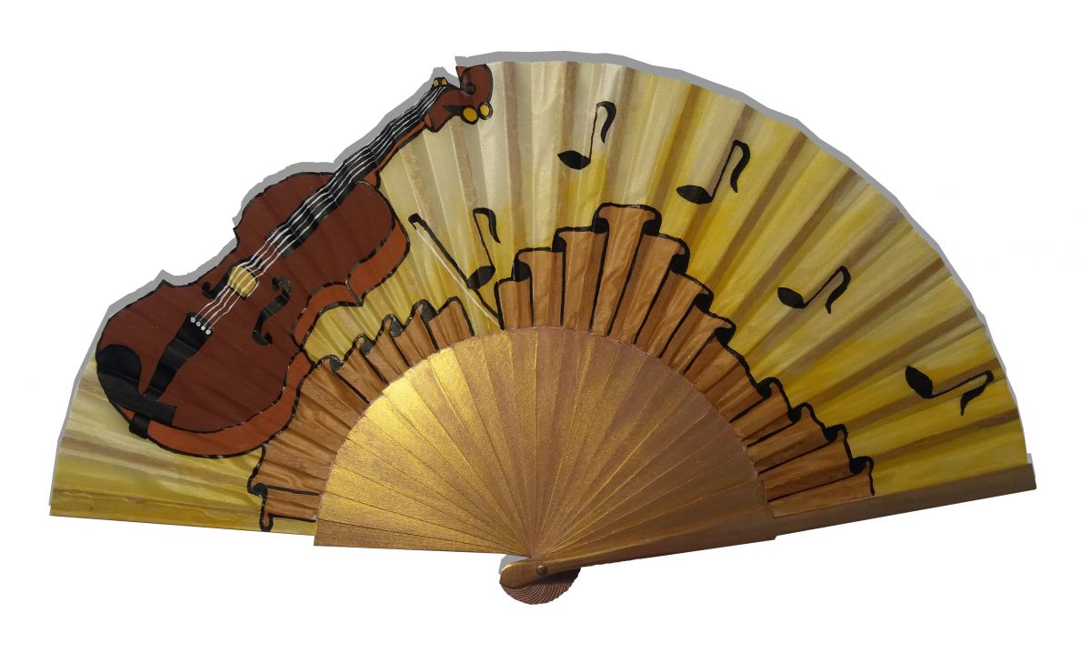 Handritad och handmålad bomullssatinfläkt "Golden Violin".