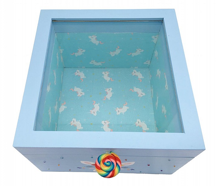 Tr&auml;l&aring;da med glaslock. Modell : bl&aring; enh&ouml;rning