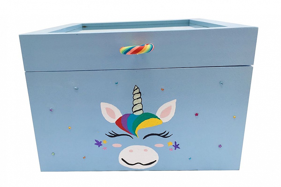 Tr&auml;l&aring;da med glaslock. Modell : bl&aring; enh&ouml;rning