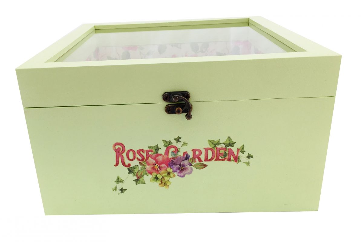 Trälåda med glaslock. Modell : rose garden