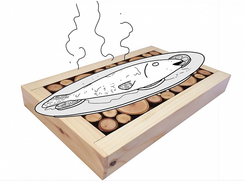 Dessous-de-plat en rondin de bois merisier / prunier, r&eacute;versible en coupelle d&eacute;cor petite feuille grise