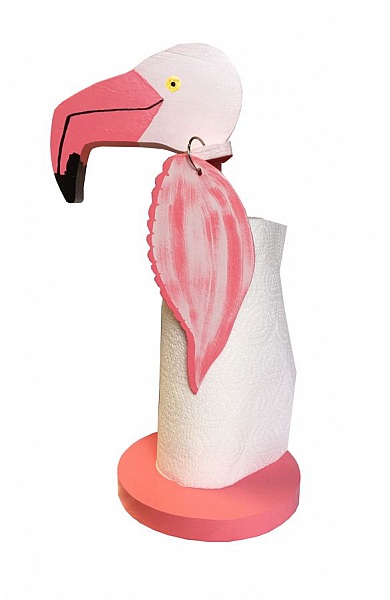 Porte-essuie-tout en bois en forme de flamant rose.