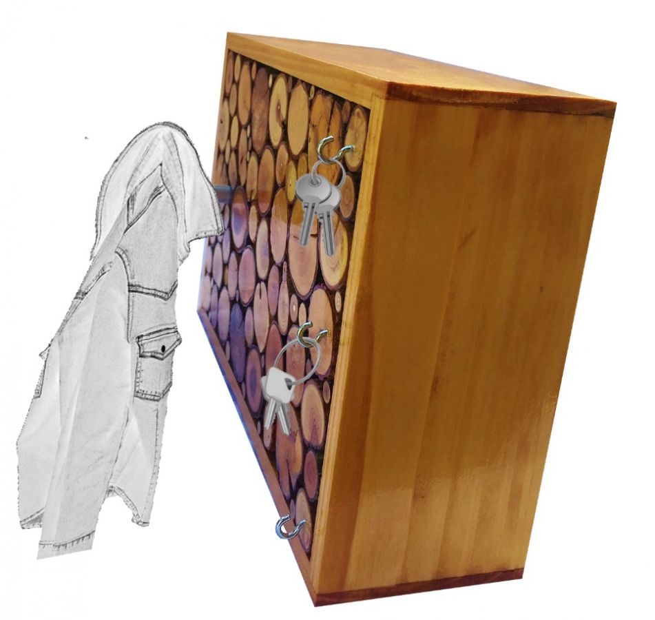 Rektangulär väggklädhängare av honungsfärgade trästockar med 1 klädkrok och nyckelring 30x20 cm