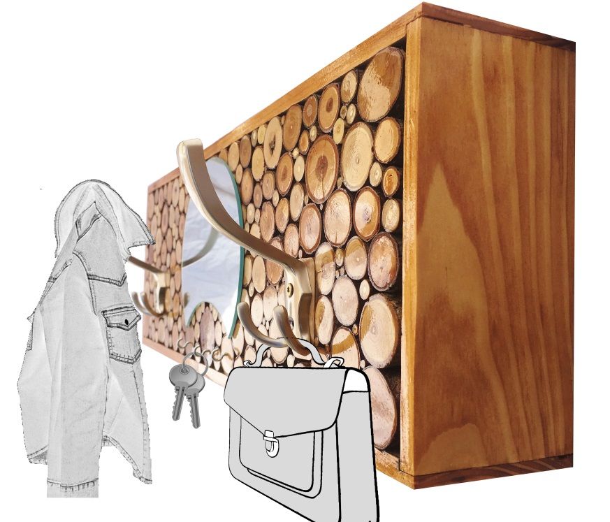 Rektangulär väggmonterad klädställning i kastanjefärgat trä, 2 trippelkrokar och halvmåneformad spegel. 60x20