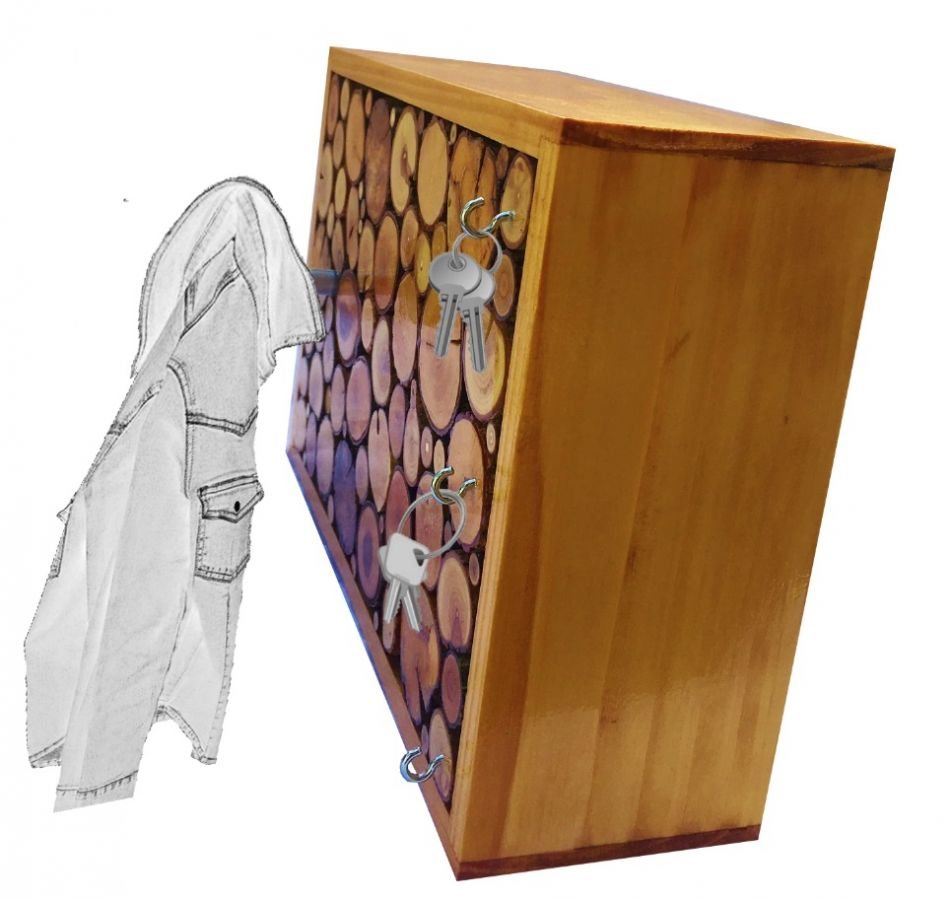 Rektangulär väggklädhängare av honungsfärgade trästockar med 1 klädkrok och nyckelring 30x20 cm