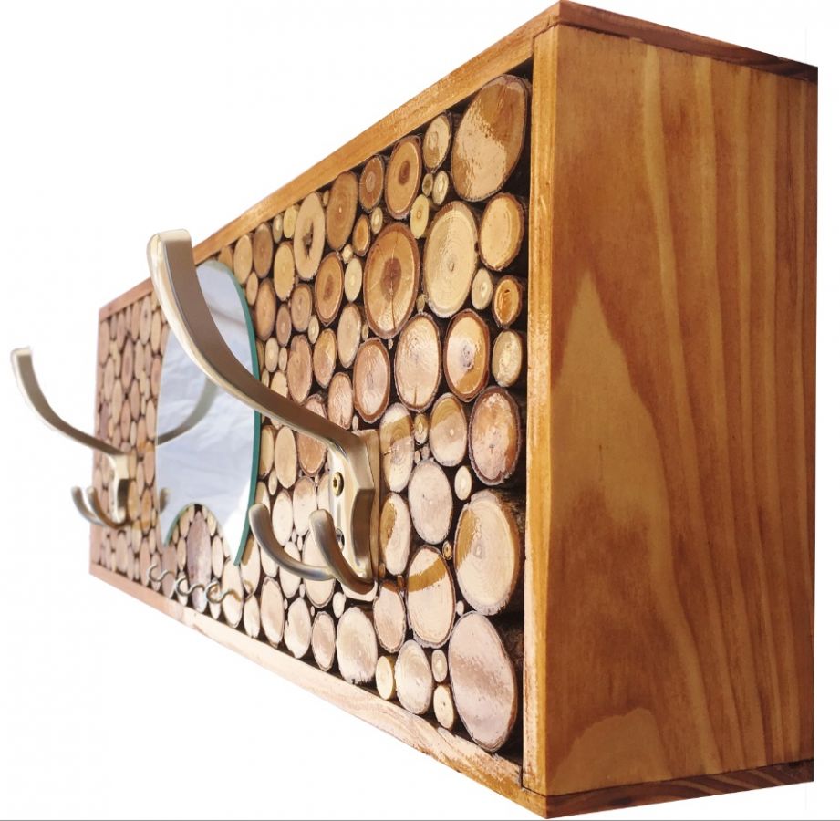 Rektangulär väggmonterad klädställning i kastanjefärgat trä, 2 trippelkrokar och halvmåneformad spegel. 60x20