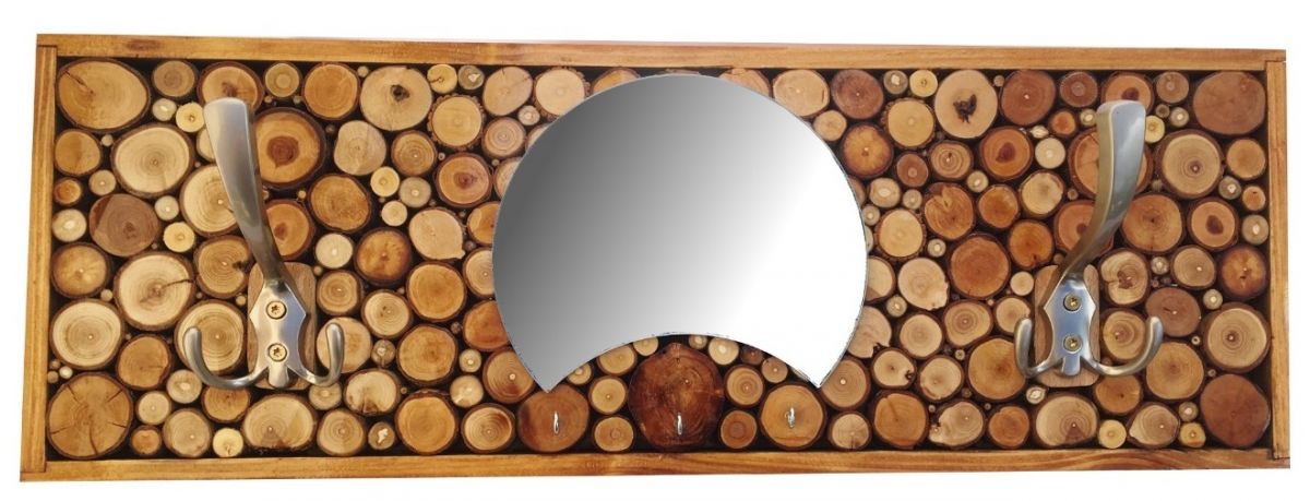 Rektangulär väggmonterad klädställning i kastanjefärgat trä, 2 trippelkrokar och halvmåneformad spegel. 60x20