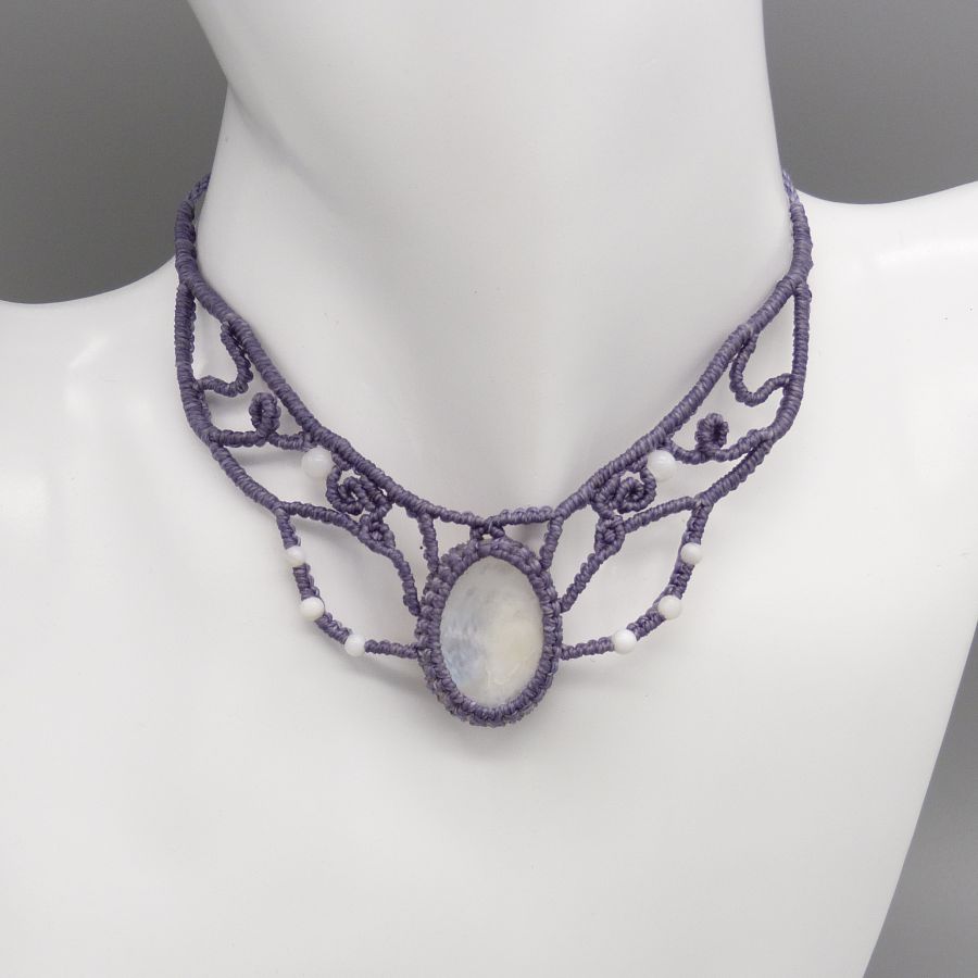 Micro-macramé halsband, lila grå pärla