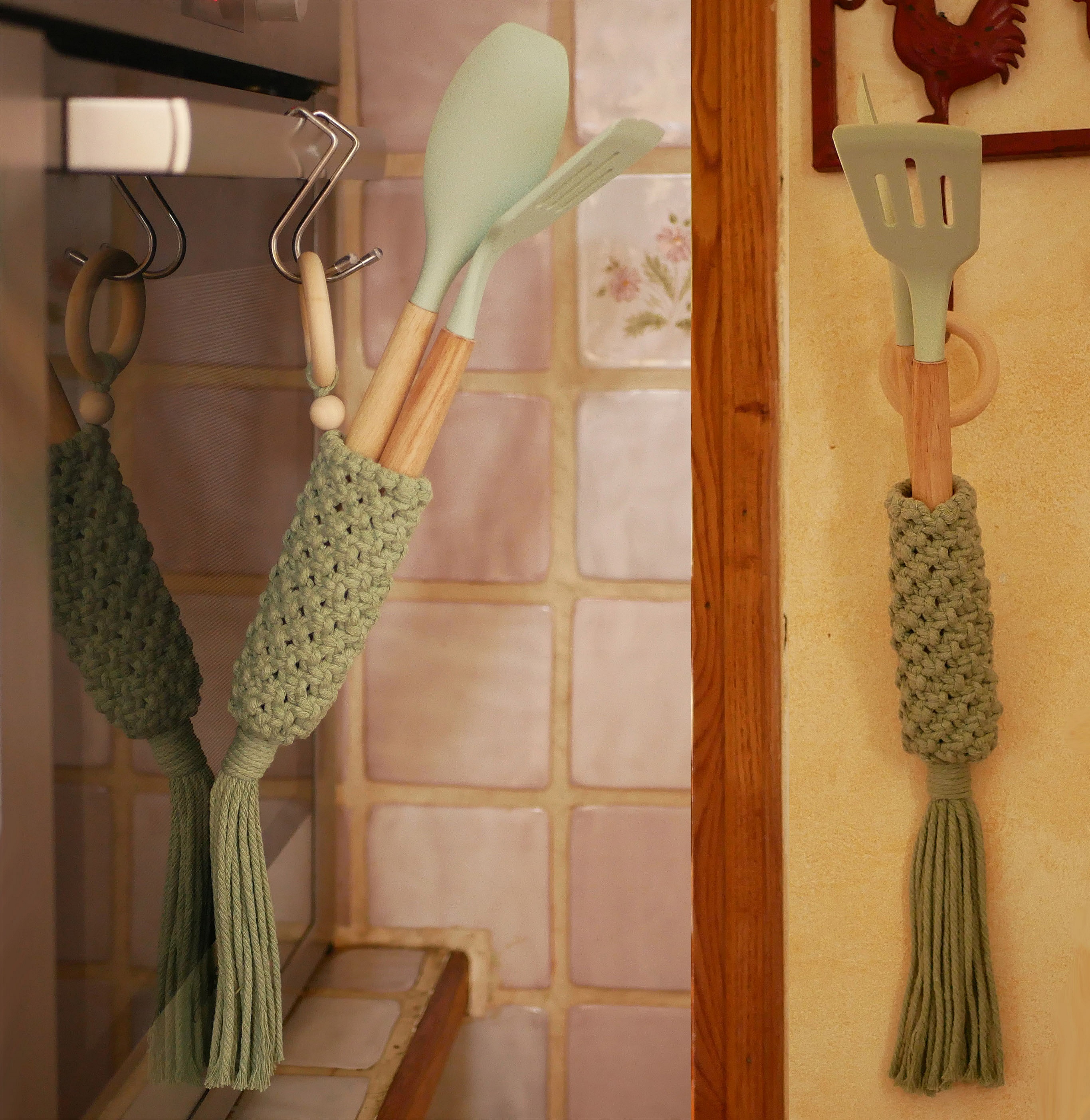 Suspension en macram&eacute; pour fleurs s&eacute;ch&eacute;es avec corde coton couleur vert