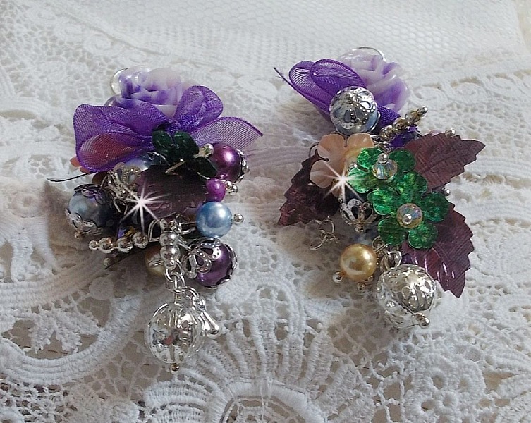 BO Bell'issim Violet et ivoire  avec des beaux Cristaux et perles semi-pr&eacute;cieuses