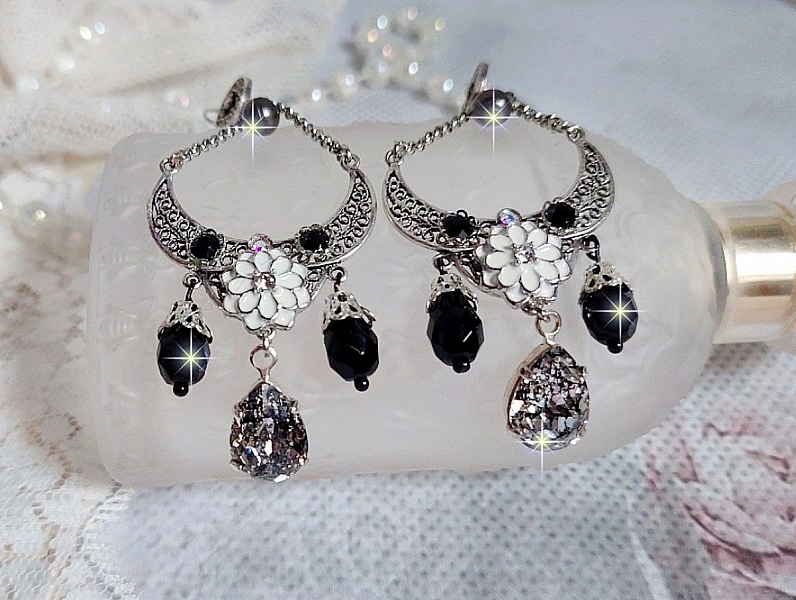 BO Bohochic argent&eacute;es et Noir cr&eacute;es avec des cabochons poire en cristal, breloque &eacute;poxy, poires en verre sur des crochets d'oreilles en argent 925