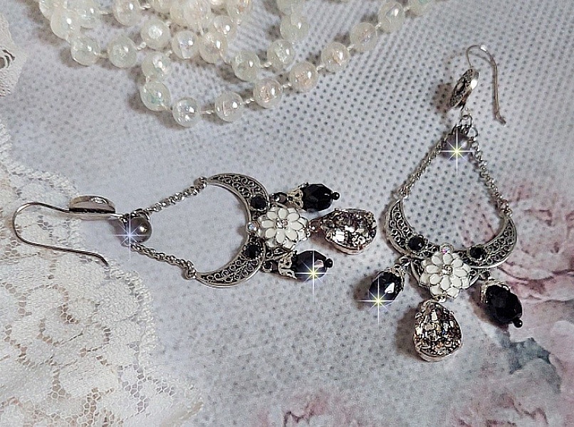 BO Bohochic argent&eacute;es et Noir cr&eacute;es avec des cabochons poire en cristal, breloque &eacute;poxy, poires en verre sur des crochets d'oreilles en argent 925