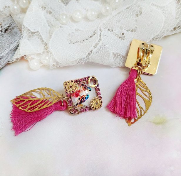 BO Chants d&rsquo;Oiseaux cr&eacute;&eacute;es avec cabochons verres, pompons, cha&icirc;ne strass verre et clips laiton