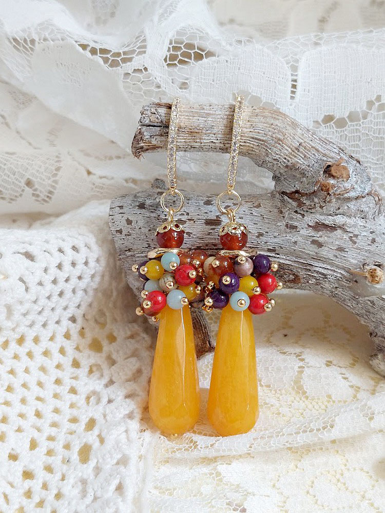 BO Dolce Vita en Jaune cr&eacute;&eacute;es avec pierres de gemme, crochets d&rsquo;oreilles argent 925 dor&eacute;